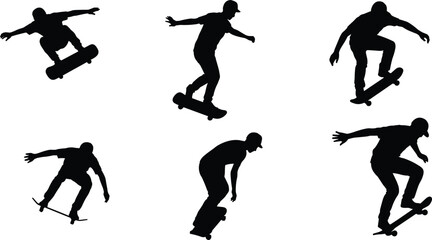 Skateboarder silhouette collection performing tricks and jumps highlighting urban extreme sport action and dynamic movement © MstSumaiyaAkter