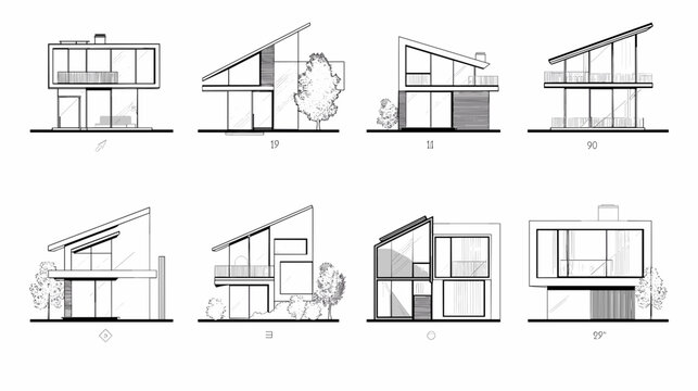 Collection of Minimalist Architectural Sketches Featuring Diverse Building Designs and Layouts
