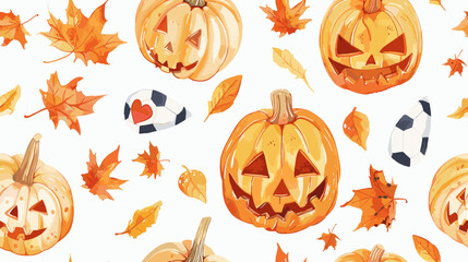 Colorful Autumn Design Featuring Halloween Pumpkins and Falling Leaves on a Bright Background © AI PIC