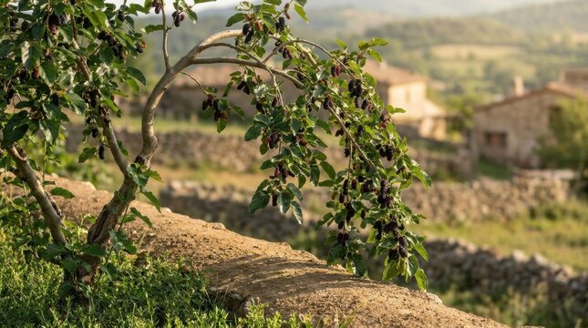 Fruiting mulberry tree branch hanging over sunlit stone terrace, with ripe dark berries, green leaves, rustic village background, soft hills and warm countryside light, edible garden harvest scene