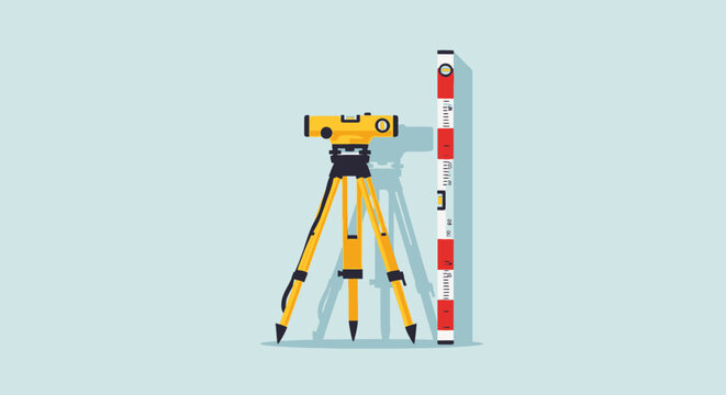 Surveying equipment with tripod and leveling rod on blue background