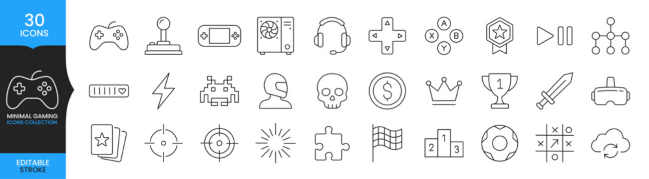 Gaming Icon Set, Game UI Line Icons, Video Game Controller Symbols, Esports Player Icons, Editable Stroke Minimal Gaming Collection