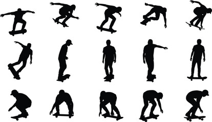 Skateboarder silhouette collection with tricks, jumps, and poses representing extreme sport and urban street action © MstSumaiyaAkter