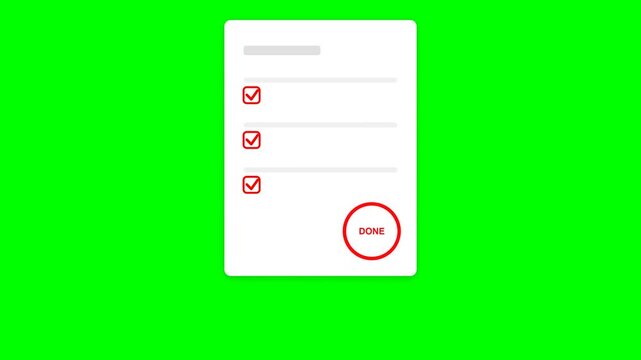 Animated checklist icon showing red checkmarks being marked and done button clicked on green screen