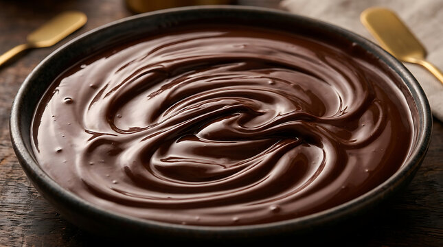 A rich chocolate dessert swirled in a bowl on a table with gold utensils