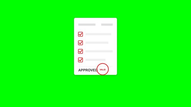 Professional document checklist animation with check marks and valid approval stamp on green screen