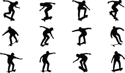 Skateboarder silhouette set performing tricks and jumps illustrating urban extreme sport action and dynamic movement © MstSumaiyaAkter