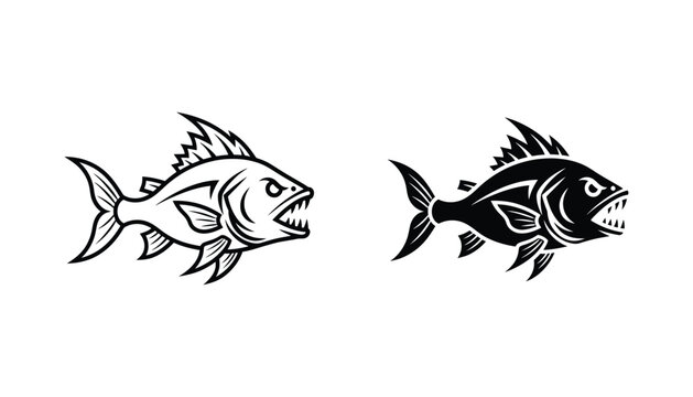 Aggressive predatory fish icon with sharp teeth in outline and solid black silhouette for fishing brand and sports team mascot designs