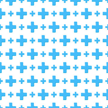 Seamless pattern of blue cross medical symbol on white background. Simple, minimalist, repeatable vector motif. Medicine, hospital, clinic texture, fabric, textile, wallpaper, paper, background.