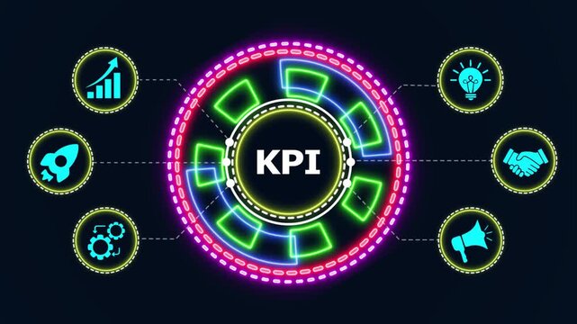 Kpi key performance indicator concept animation with neon glowing circular icons and business symbols.