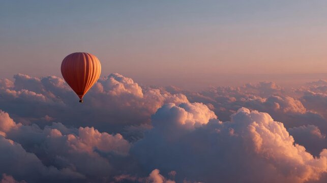 Hot air balloon flying above the clouds. the balloon is orange in color and is in the center of the image. the sky is a beautiful shade of blue and the clouds are white and fluffy.