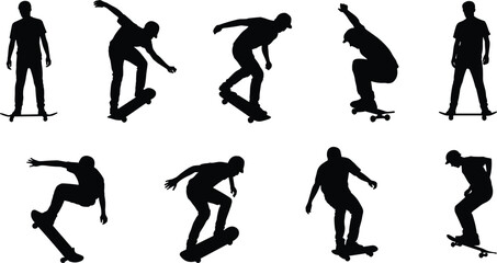 Skateboarder silhouette set performing tricks and jumps showcasing urban extreme sport action and dynamic movement © MstSumaiyaAkter