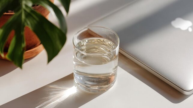 Glass of water on a white desk next to a laptop. the glass is filled to the brim with clear water and appears to be empty. the laptop is silver in color and has the apple logo visible on the screen.