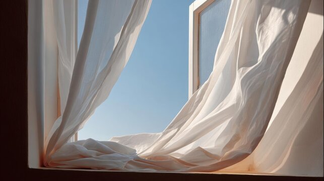 Window with white curtains that are open, revealing a clear blue sky. the curtains are billowing in the wind, creating a sense of movement and energy.