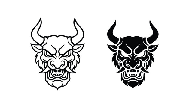 Aggressive bull head mascot with horns and sharp teeth in outline and solid black style for sports team logos and bold branding assets