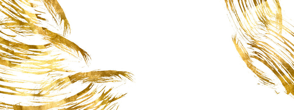 Brushstroke with gold. Festive background with gold glitter and confetti for celebration with glowing golden particles. Watercolor gold. Golden foil pieces flake. Old gold texture with gold paper.