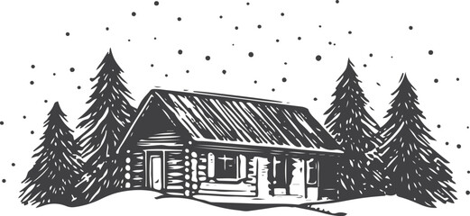 Naklejka premium Wood cabin in snowy forest, falling snow