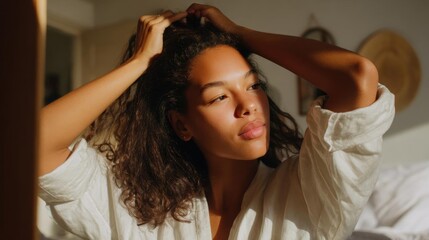 Fototapeta premium Portrait of a young woman with curly hair. she is standing in a bedroom with a bed in the background. the woman is wearing a white blouse and her hair is styled in loose curls.