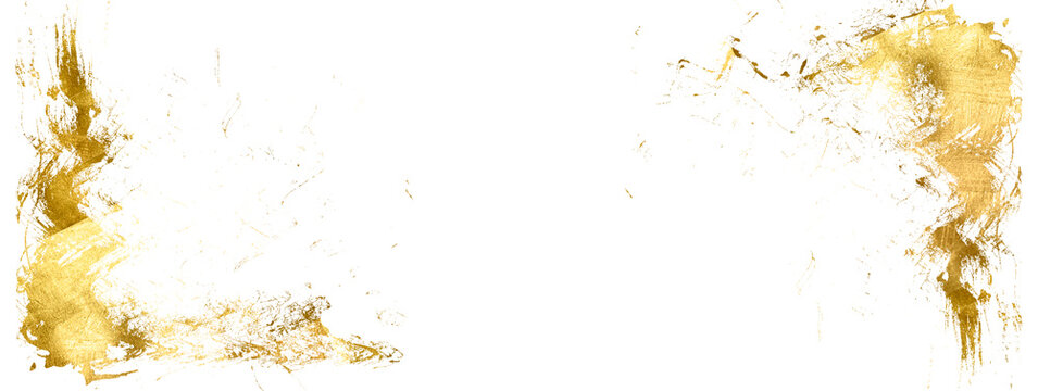 Brushstroke with gold. Watercolor brush stroke gold. Golden foil pieces flake. Old gold texture with gold paper particles and gold flakes that shimmer. The gold foil borders the isolated. 