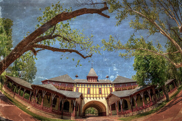 Old photo with Grand Terrace on the shores of Palic Lake near Subotica, Serbia. Designed in art nouveau style by architects Komor and Jakab.Built in 1912, is the entrance to the park in Palic. Vintage © Florin