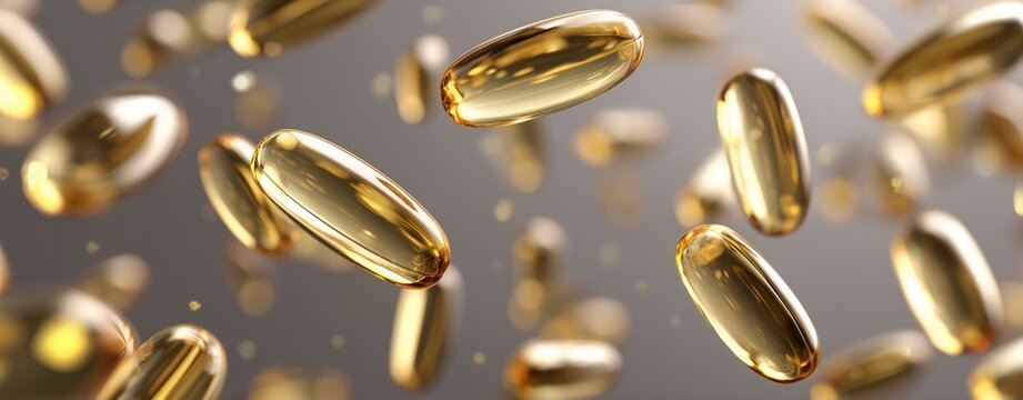 Omega-3 Capsules: An artistic display showcases an abundance of glistening, golden omega-3 capsules, presented against a soft-focus backdrop. A visual representation of wellness and health benefits