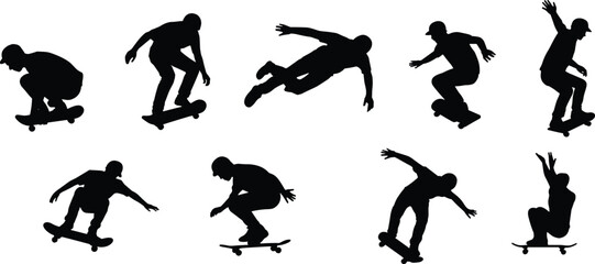 Skateboarder silhouette set with dynamic tricks and aerial poses representing urban extreme sport and action movement © MstSumaiyaAkter