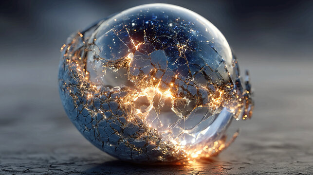 Cracked glass sphere with light bursting through fissures on dark surface