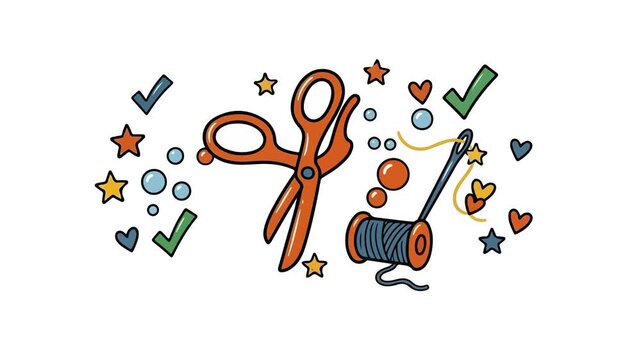 Animated Sewing Tools Illustration with Scissors and Thread
