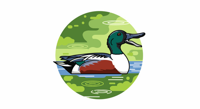 Colorful duck swims serenely in a pond with ripples and greenery