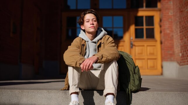 Young man sitting on the steps of a brick building. he is wearing a beige jacket, a grey hoodie, beige pants, and white sneakers.