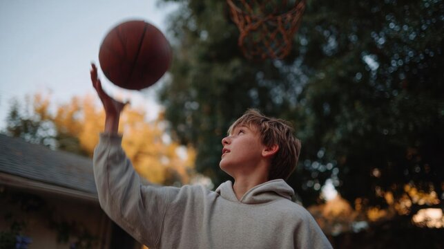 Young boy playing basketball in a backyard. he is wearing a grey hoodie and is in the process of dunking the ball into the hoop. the boy is standing in front of a house with trees in the background.