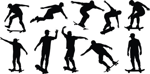 Skateboarder silhouettes performing tricks and poses showcasing urban street sport action, motion, and youth lifestyle energy © MstSumaiyaAkter