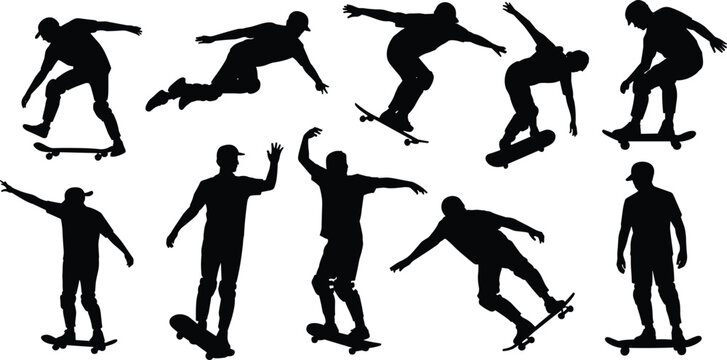 Skateboarder silhouettes performing tricks and poses showcasing urban street sport action, motion, and youth lifestyle energy