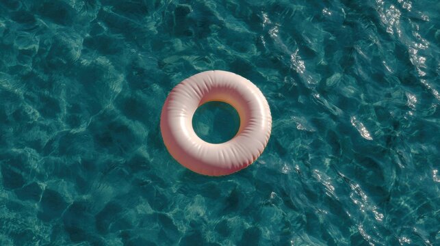 Pink inflatable ring floating in the ocean. the ring is circular in shape and appears to be floating on the surface of the water.