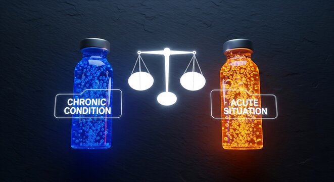 Balance scale comparing chronic and acute medical conditions with pills