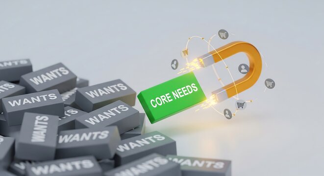 Balance scale tipping wants towards core needs with golden coins and paper money