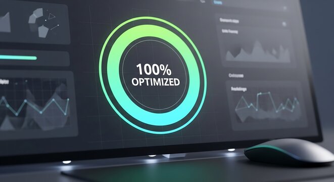 Bright green 100 percent optimized circle icon on digital screen