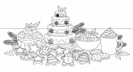 Obraz premium A festive arrangement of holiday treats including a tiered cake, cookies, and ice cream