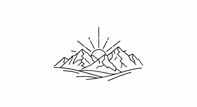 Sunrise over jagged mountain peaks, minimalist line art graphic