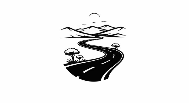 Winding road through stylized mountains with sun and trees
