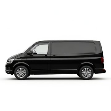 A black van is shown in a studio setting