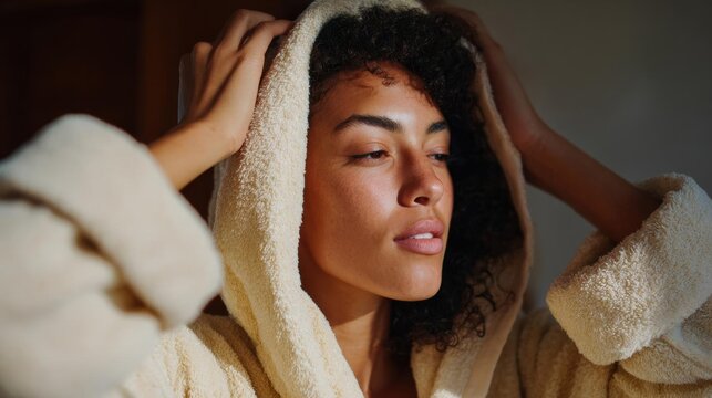 Young woman with curly hair wrapped in a white bathrobe. she is standing in front of a mirror, with her eyes closed and her head tilted back, as if she is deep in thought.
