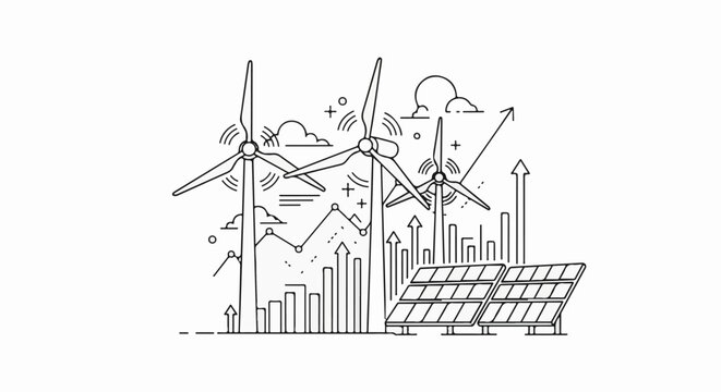 Renewable energy sources like wind turbines and solar panels depicted with growing bar charts