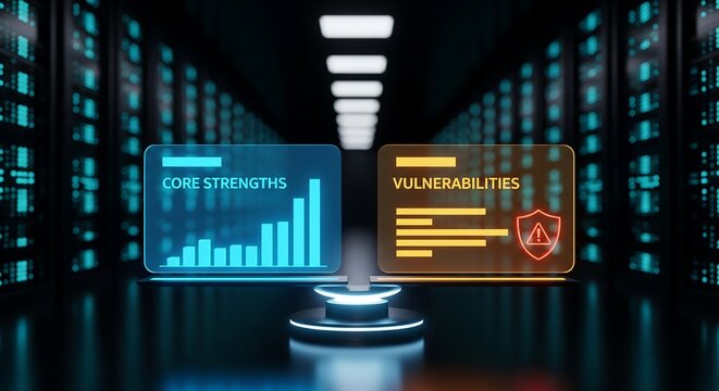 Digital core strengths and cybersecurity vulnerabilities analysis with shield icon