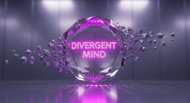 Divergent mind book cover with glowing pink light in futuristic cityscape