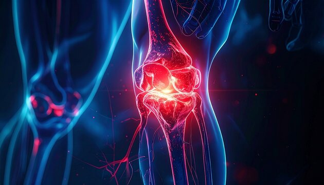 Digital anatomical illustration of human knee joint, bones and ligaments detailed, glowing red inflammation effect, transparent overlay, medical visualization.
