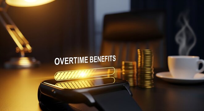 Gold coins and banknotes with overtime benefits text on wooden desk
