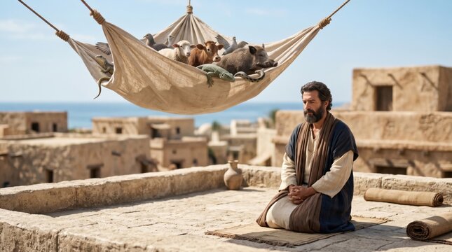 Peter the apostle kneeling in prayer on a rooftop roof during a holy vision of a sheet filled with various animals. Biblical scene from Acts of the Apostles in Jerusalem landscape.