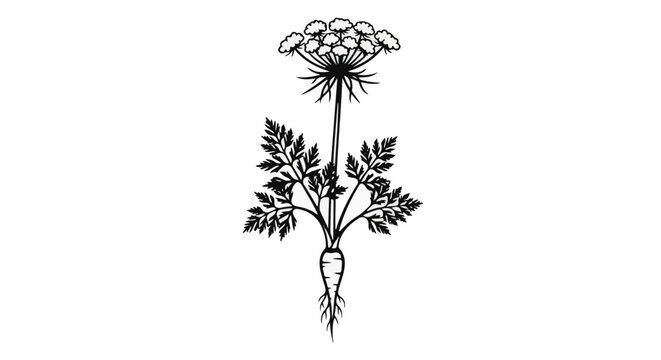 A detailed line drawing of a carrot plant with root, leaves, and flower