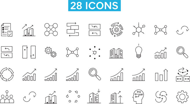 Business Transformation Icon Set with Innovation, Strategy, Growth and Change Management Concepts in Minimal Line Style